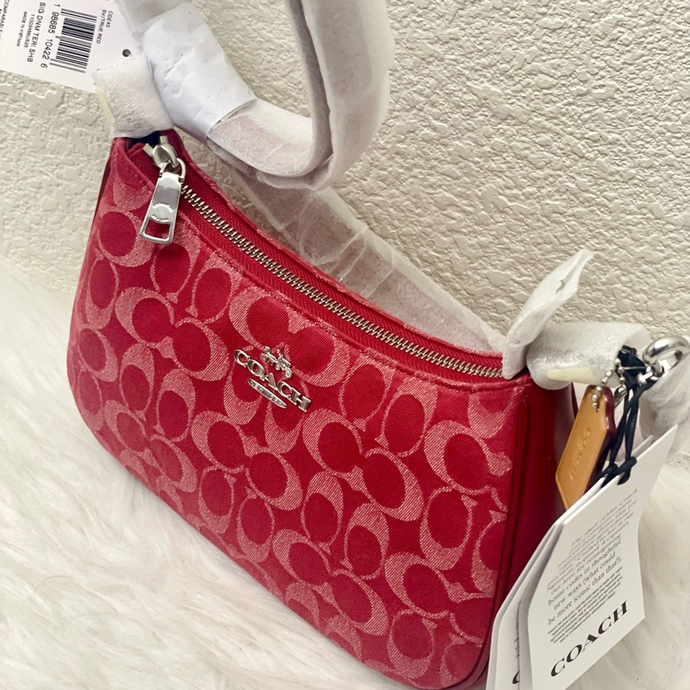 Coach Teri Shoulder Crossbody Bag In Signature Denim CDE43 Denim Silver/True Red - Picture 4 of 11